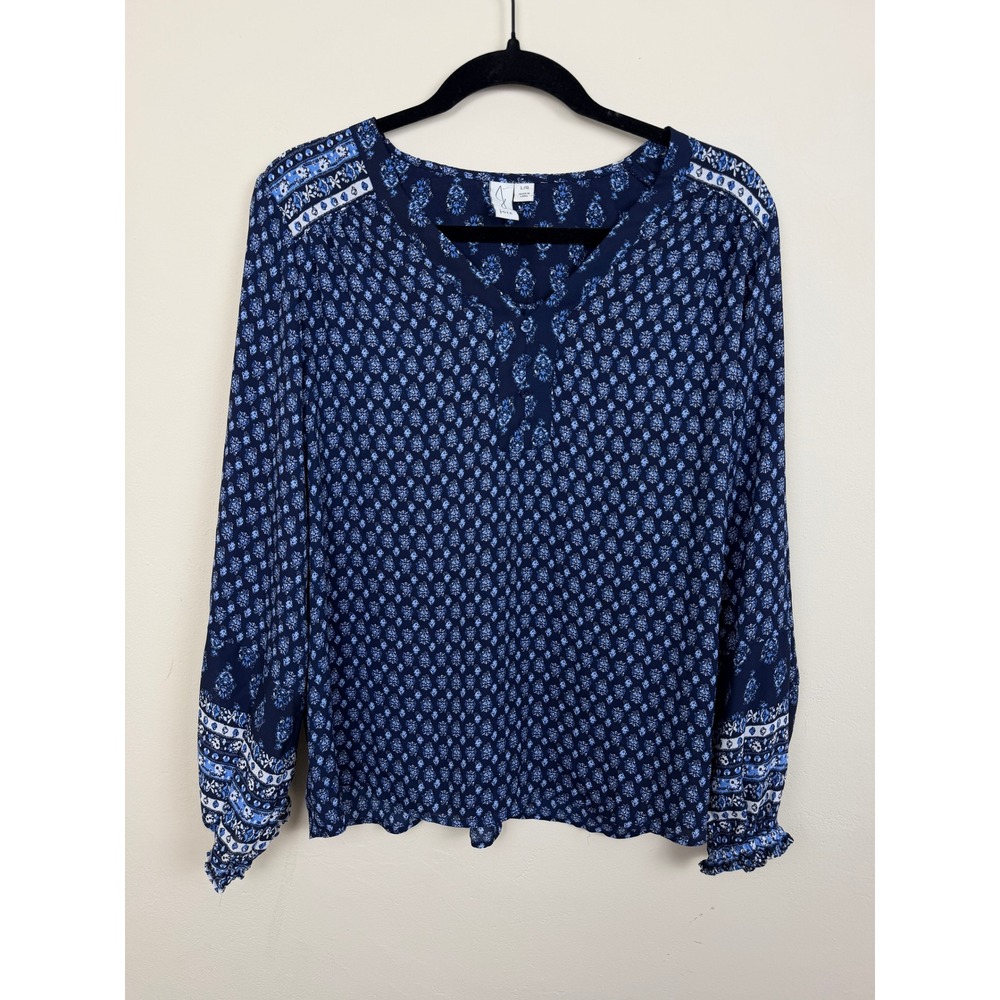 Joie Navy Blue Floral Print Blouse Womens Large Boho Ruffle Cuff V Neck Top